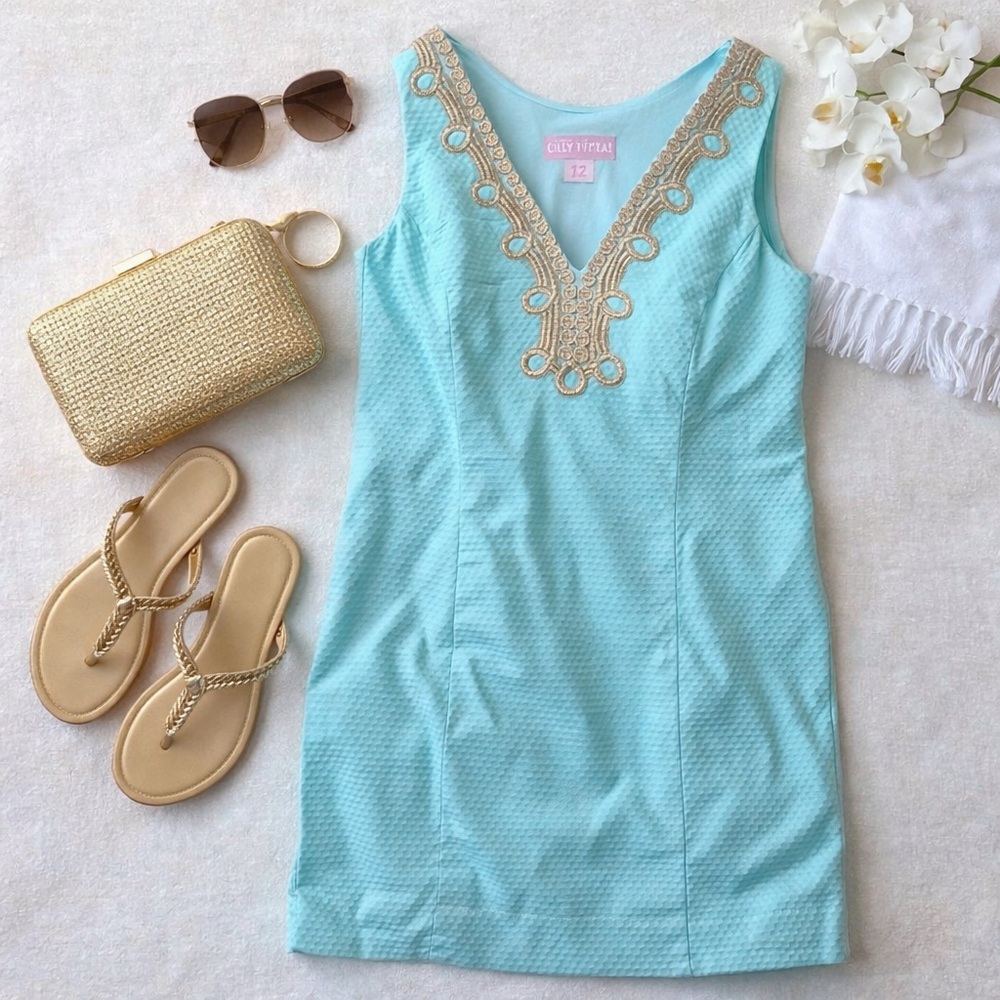 Lilly Pulitzer Aqua Textured Shift Dress Gold Embroidered Neckline Size 12 - Picture 3 of 9
